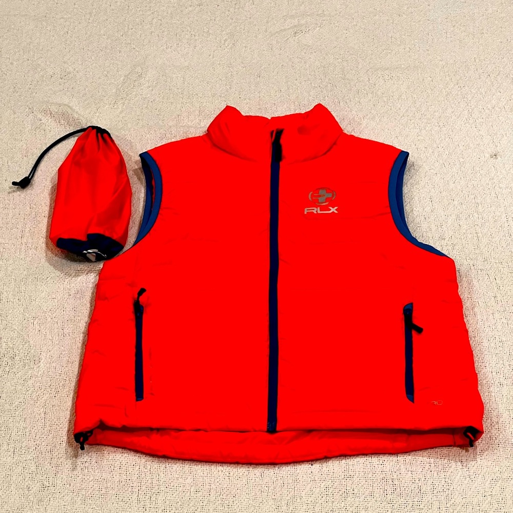 Ralph Lauren RLX Light Weight Down Vest In Bright Orange/Blue & Carry Bag.